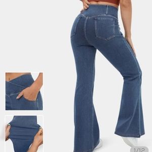 Halara High Waisted Crossover Pocket Stretchy Knit Denim Casual Super Flare